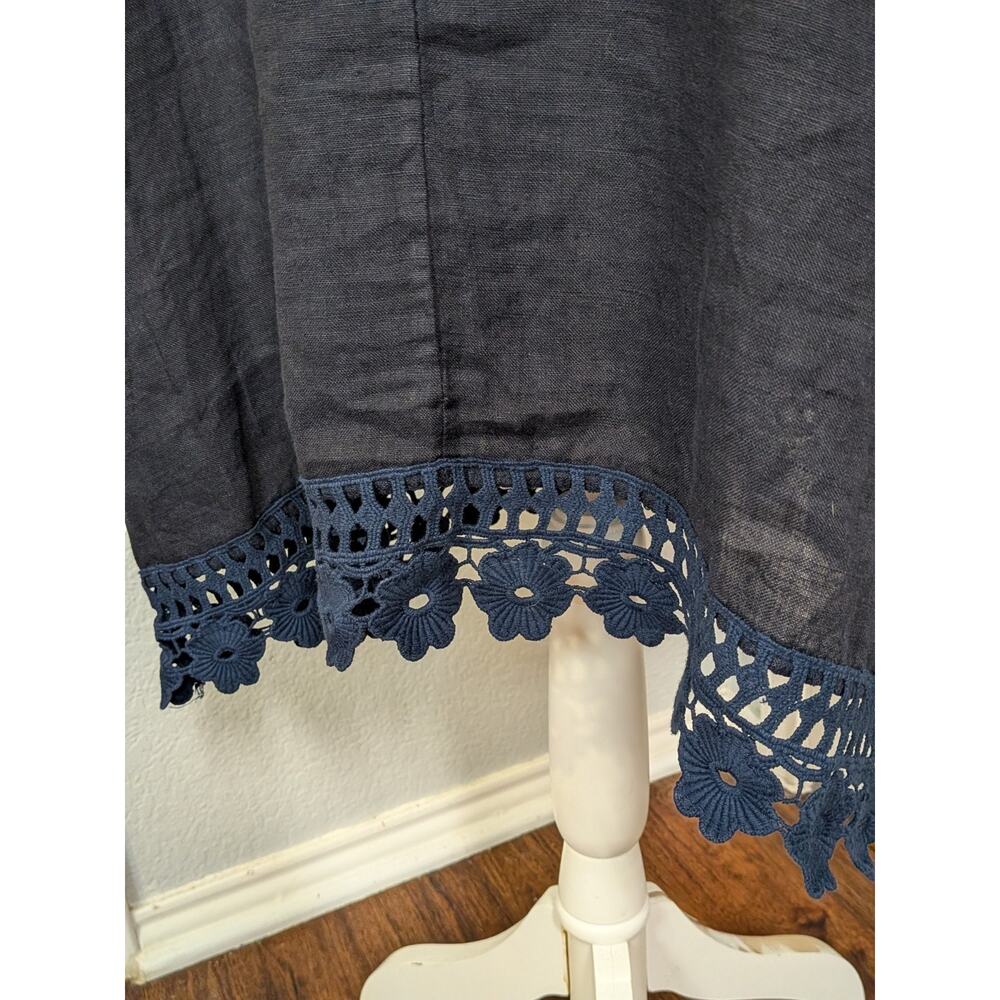 Bellambra Navy Linen Dress Size 1X Made In Italy Crochet Trim Short Sleeve - Picture 4 of 10